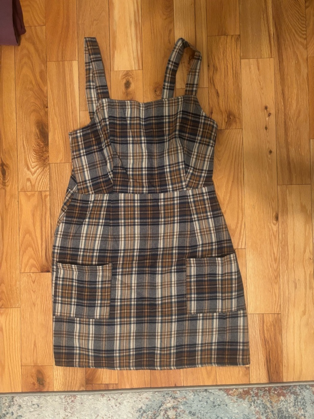 American Eagle Outfitters Plaid Pinafore Dress in Brown and Gray